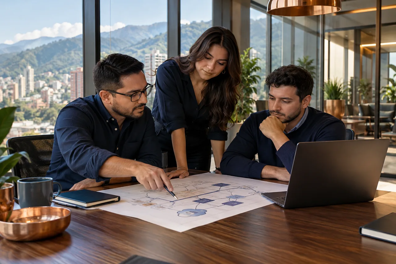 Equipo de consultoría tecnológica en una sesión de trabajo